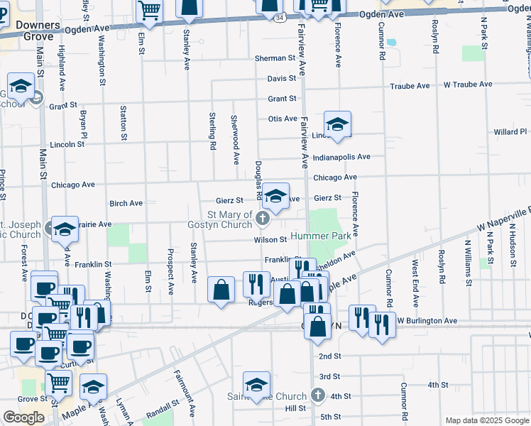map of restaurants, bars, coffee shops, grocery stores, and more near 4737 Douglas Road in Downers Grove