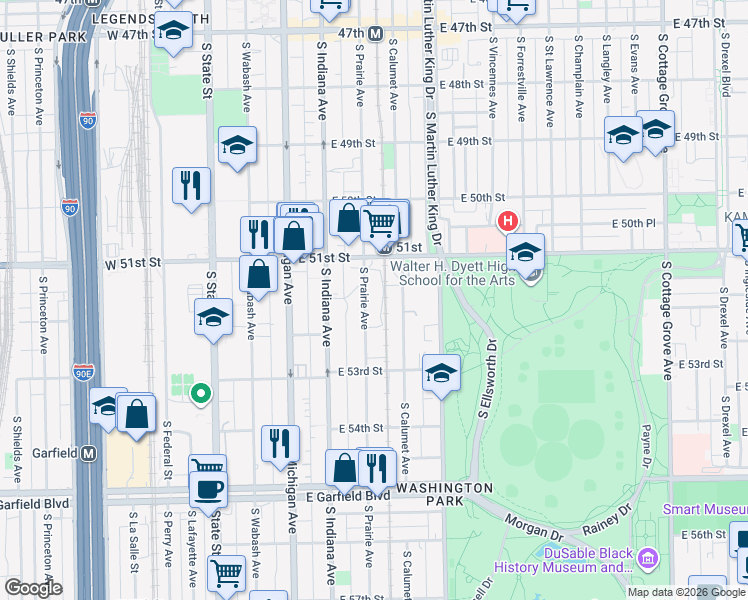 map of restaurants, bars, coffee shops, grocery stores, and more near 5152 South Prairie Avenue in Chicago