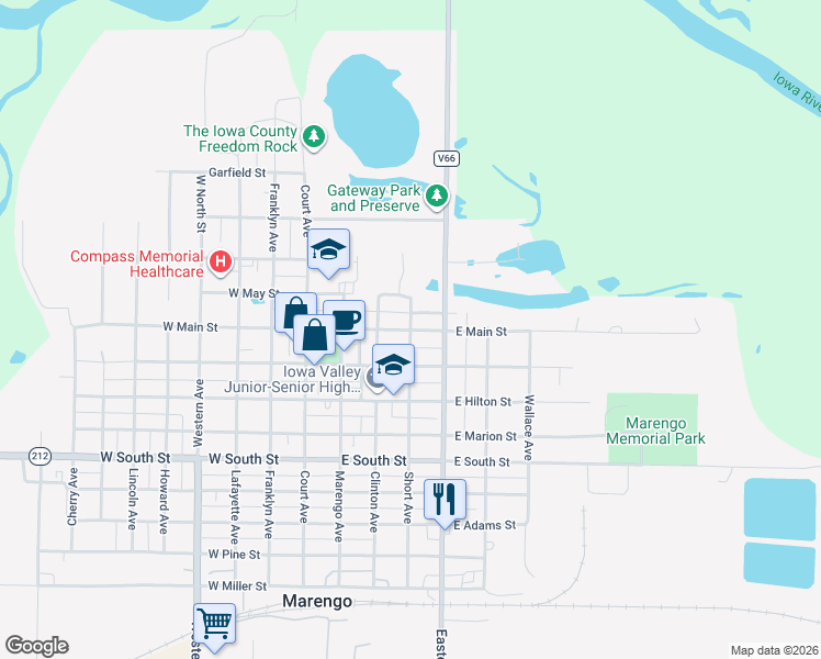 map of restaurants, bars, coffee shops, grocery stores, and more near 401 East Main Street in Marengo