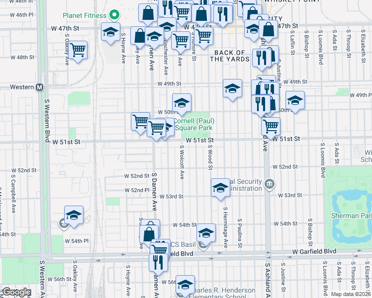 map of restaurants, bars, coffee shops, grocery stores, and more near 5127 South Wolcott Avenue in Chicago