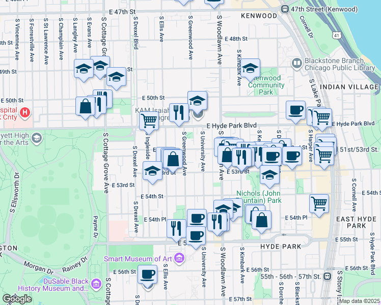 map of restaurants, bars, coffee shops, grocery stores, and more near 5201 South Greenwood Avenue in Chicago