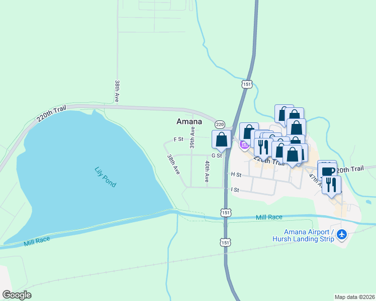 map of restaurants, bars, coffee shops, grocery stores, and more near 601-699 39th Avenue in Amana