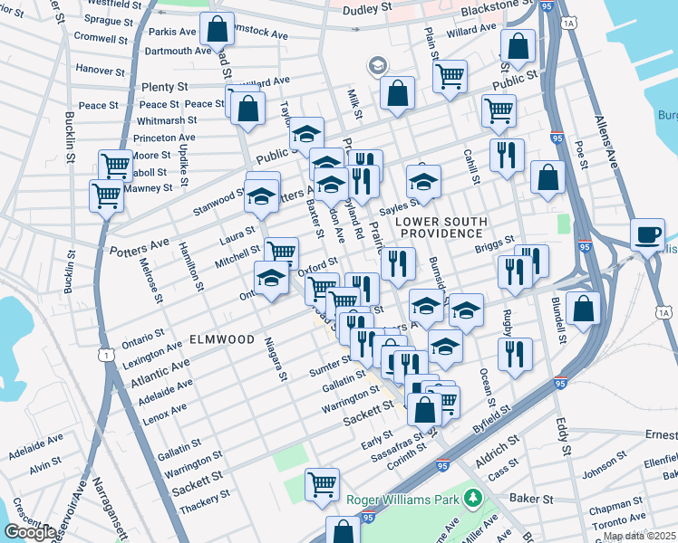 map of restaurants, bars, coffee shops, grocery stores, and more near 19 Plum Street in Providence