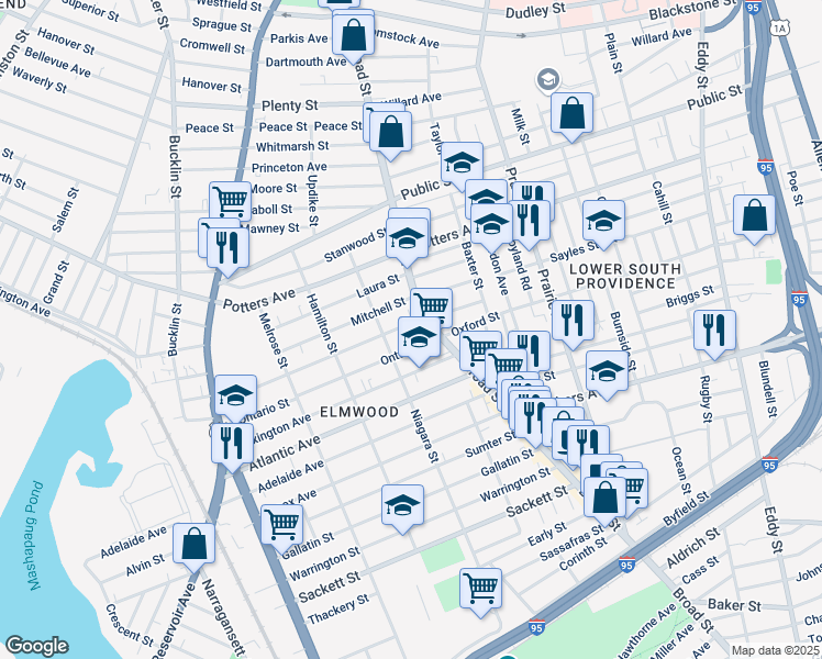 map of restaurants, bars, coffee shops, grocery stores, and more near 853 Broad Street in Providence
