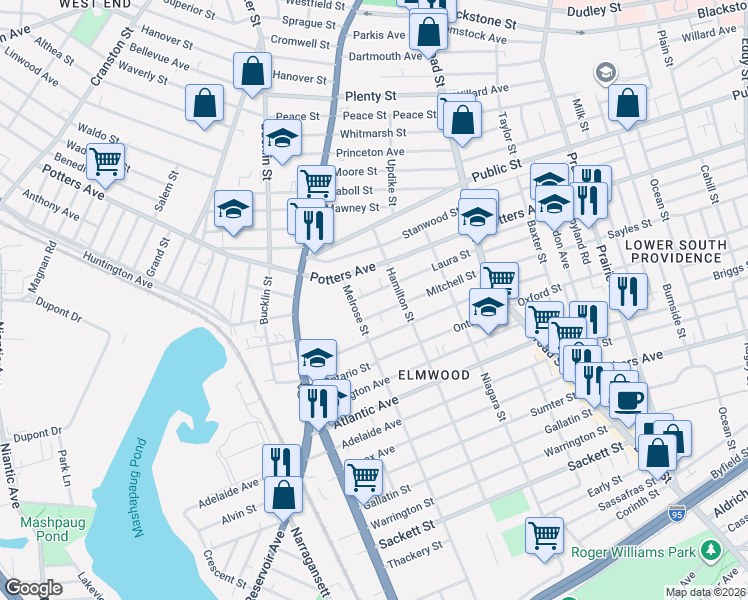 map of restaurants, bars, coffee shops, grocery stores, and more near 101 Mitchell Street in Providence