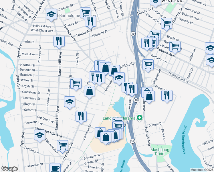 map of restaurants, bars, coffee shops, grocery stores, and more near 25 Bain Street in Cranston