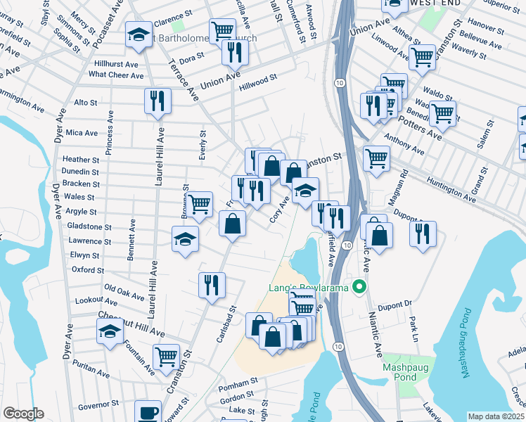 map of restaurants, bars, coffee shops, grocery stores, and more near 25 Bain Street in Cranston
