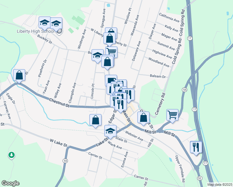 map of restaurants, bars, coffee shops, grocery stores, and more near in Liberty