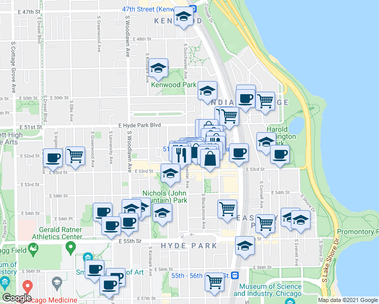 map of restaurants, bars, coffee shops, grocery stores, and more near in Chicago