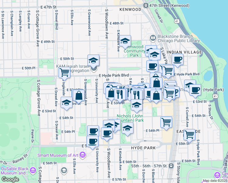 map of restaurants, bars, coffee shops, grocery stores, and more near 5214 South Kimbark Avenue in Chicago