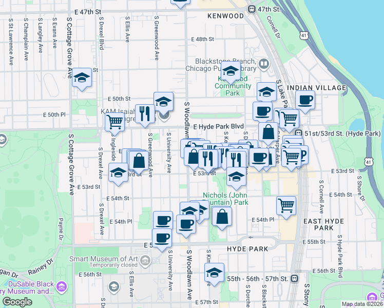 map of restaurants, bars, coffee shops, grocery stores, and more near 1204 East 53rd Street in Chicago