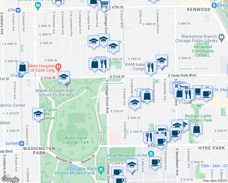 map of restaurants, bars, coffee shops, grocery stores, and more near 5155 South Cottage Grove Avenue in Chicago