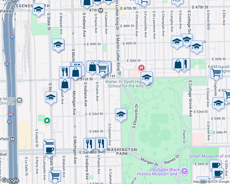map of restaurants, bars, coffee shops, grocery stores, and more near 5152 South Doctor Martin Luther King Junior Drive in Chicago