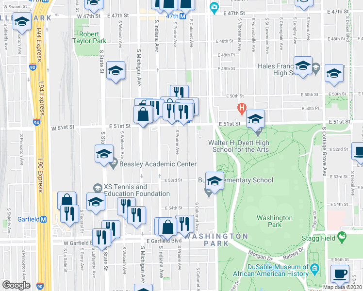 map of restaurants, bars, coffee shops, grocery stores, and more near 5152 South Prairie Avenue in Chicago