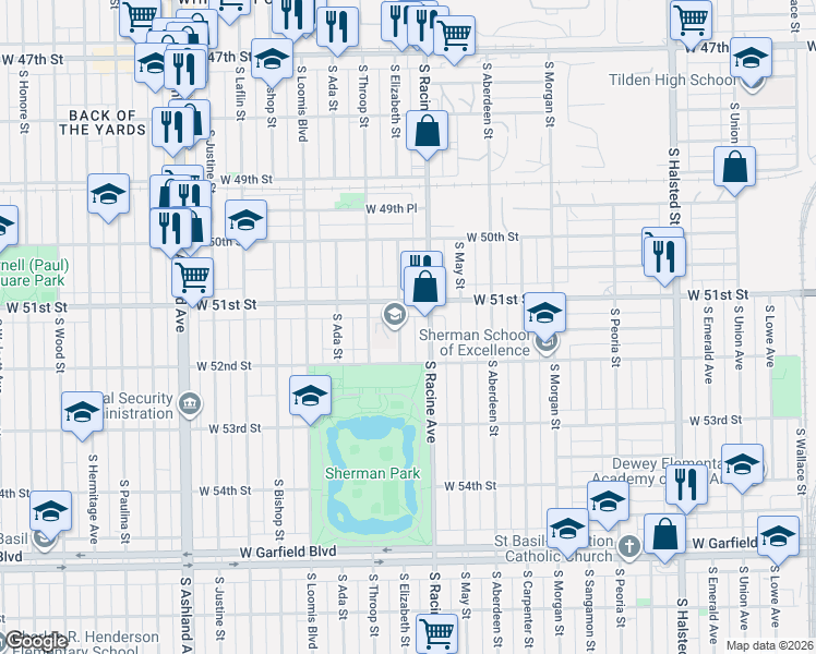 map of restaurants, bars, coffee shops, grocery stores, and more near 5132 South Racine Avenue in Chicago