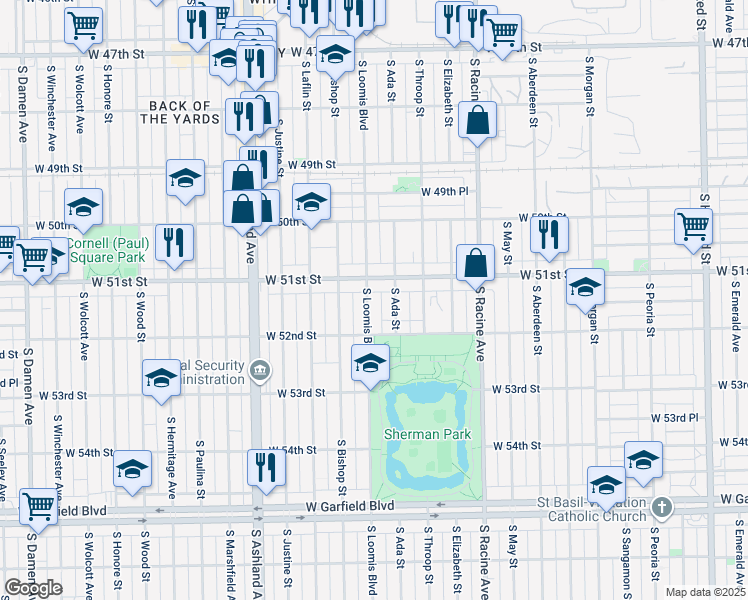 map of restaurants, bars, coffee shops, grocery stores, and more near 5130 South Loomis Boulevard in Chicago