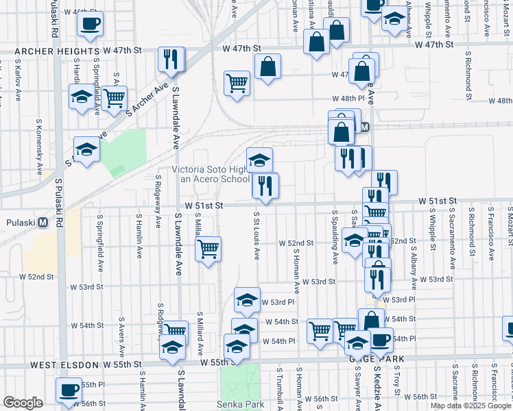 map of restaurants, bars, coffee shops, grocery stores, and more near 3457 West 51st Street in Chicago