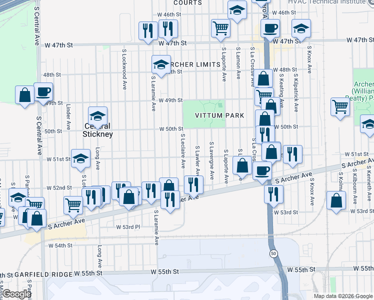 map of restaurants, bars, coffee shops, grocery stores, and more near 5053 South Leclaire Avenue in Chicago