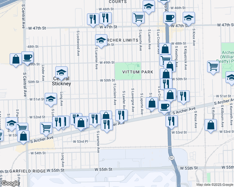 map of restaurants, bars, coffee shops, grocery stores, and more near 5053 South Leclaire Avenue in Chicago