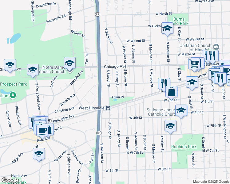 map of restaurants, bars, coffee shops, grocery stores, and more near 127 South Stough Street in Hinsdale