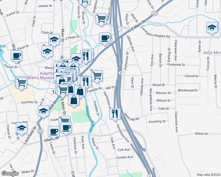 map of restaurants, bars, coffee shops, grocery stores, and more near 40 Hill Street in Torrington