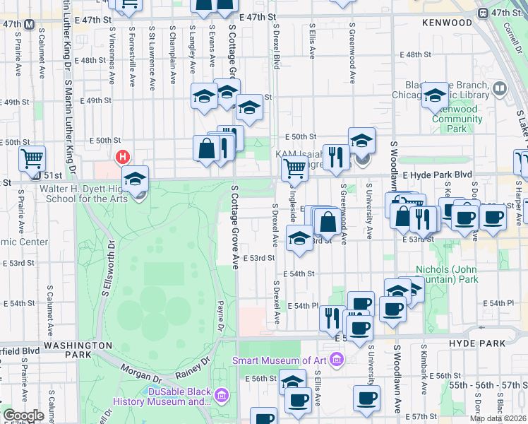 map of restaurants, bars, coffee shops, grocery stores, and more near 838 East 52nd Street in Chicago
