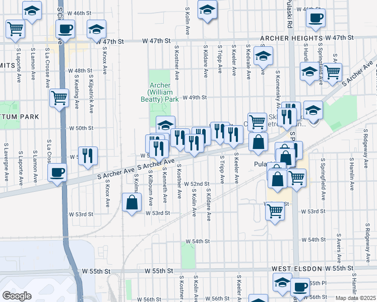 map of restaurants, bars, coffee shops, grocery stores, and more near 4334 West 51st Street in Chicago