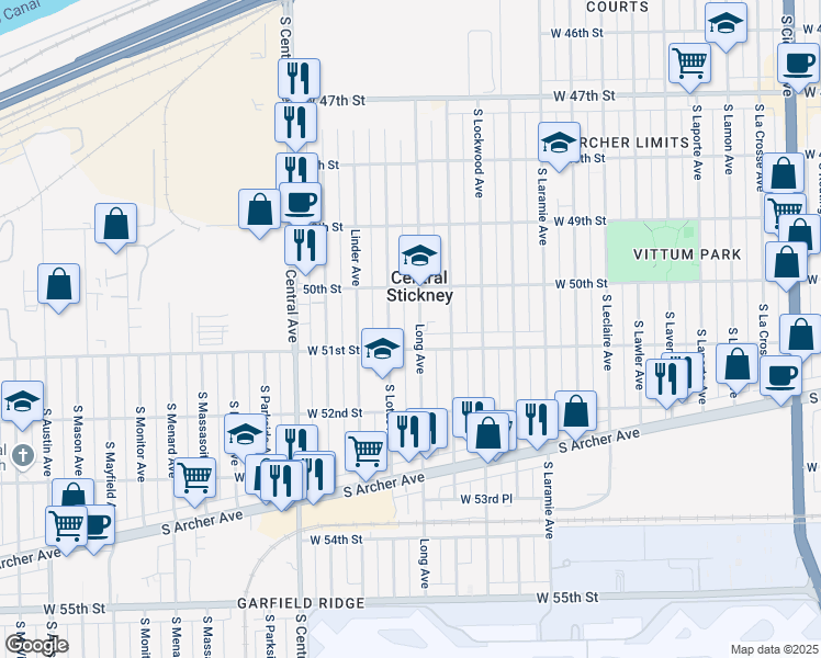 map of restaurants, bars, coffee shops, grocery stores, and more near 5360 West 51st Street in Chicago