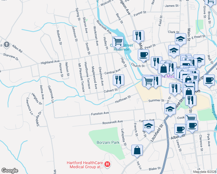 map of restaurants, bars, coffee shops, grocery stores, and more near 116 Culvert Street in Torrington
