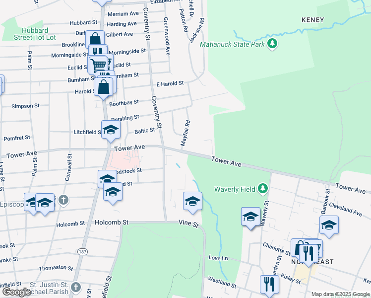 map of restaurants, bars, coffee shops, grocery stores, and more near 1 Mayfair Road in Bloomfield