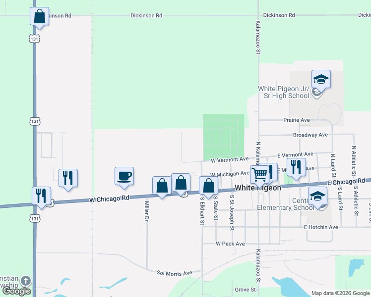 map of restaurants, bars, coffee shops, grocery stores, and more near 105 Mackenzie Street in White Pigeon