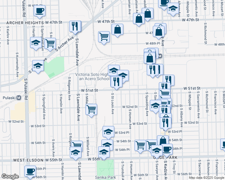 map of restaurants, bars, coffee shops, grocery stores, and more near W 51st St & S St Louis Ave in Chicago