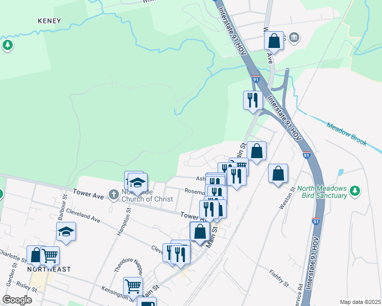 map of restaurants, bars, coffee shops, grocery stores, and more near Burke Road in Hartford