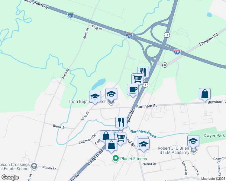 map of restaurants, bars, coffee shops, grocery stores, and more near 492 King Street in South Windsor