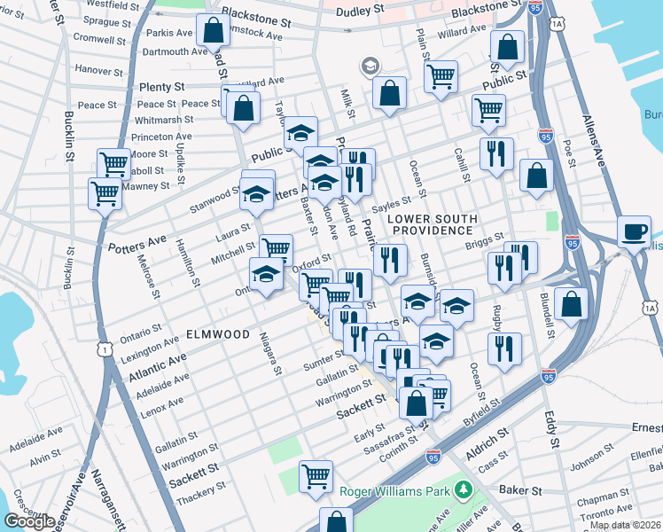 map of restaurants, bars, coffee shops, grocery stores, and more near 19 Plum Street in Providence