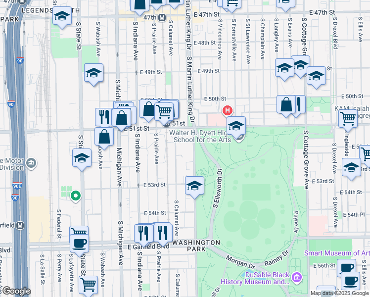 map of restaurants, bars, coffee shops, grocery stores, and more near 5152 South Doctor Martin Luther King Junior Drive in Chicago