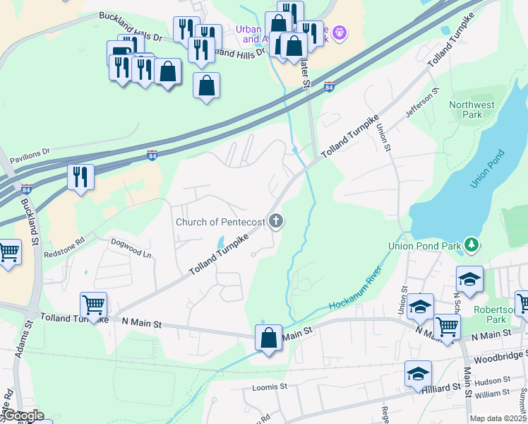 map of restaurants, bars, coffee shops, grocery stores, and more near 759 Tolland Turnpike in Manchester