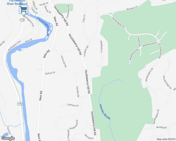 map of restaurants, bars, coffee shops, grocery stores, and more near 108 Huckleberry Hill Road in Avon
