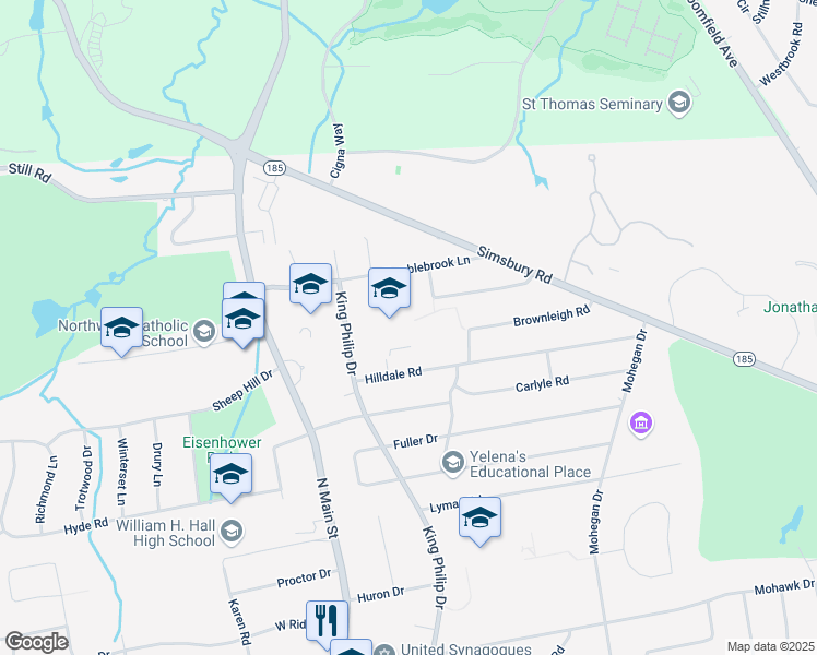 map of restaurants, bars, coffee shops, grocery stores, and more near 212 King Philip Drive in West Hartford