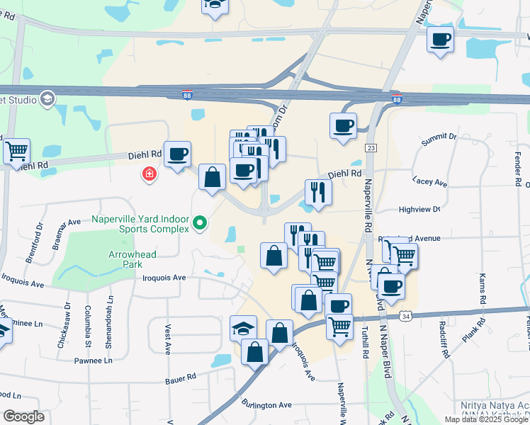 map of restaurants, bars, coffee shops, grocery stores, and more near 1245 Diehl Road in Naperville