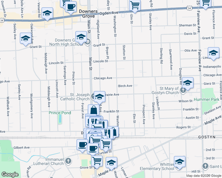 map of restaurants, bars, coffee shops, grocery stores, and more near 912 Prairie Avenue in Downers Grove