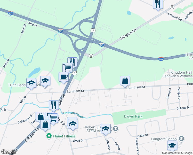 map of restaurants, bars, coffee shops, grocery stores, and more near 125 Ellington Road in South Windsor