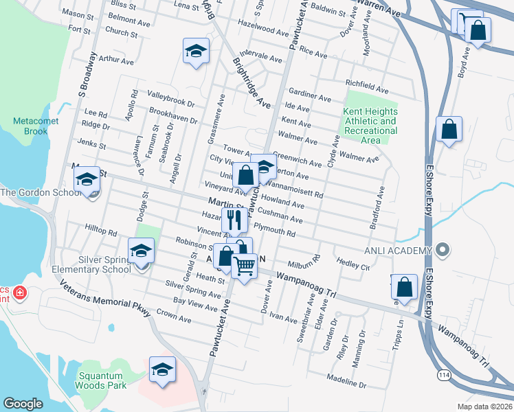 map of restaurants, bars, coffee shops, grocery stores, and more near 2732 Rhode Island 114 in East Providence
