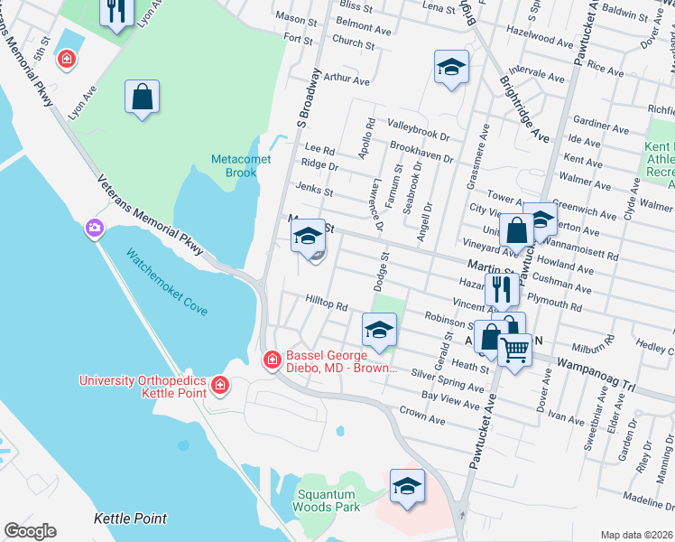 map of restaurants, bars, coffee shops, grocery stores, and more near 52 Maxfield Avenue in East Providence