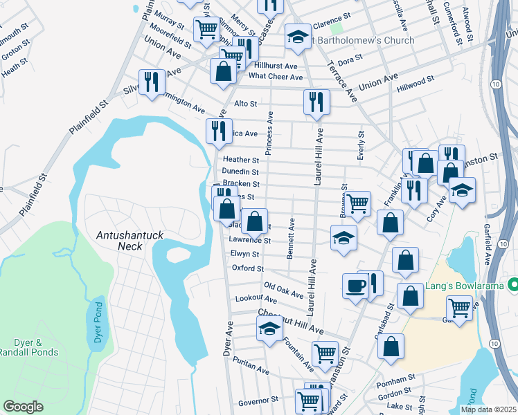 map of restaurants, bars, coffee shops, grocery stores, and more near 346 Princess Avenue in Cranston