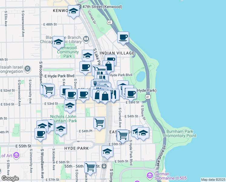 map of restaurants, bars, coffee shops, grocery stores, and more near 5212 South Cornell Avenue in Chicago