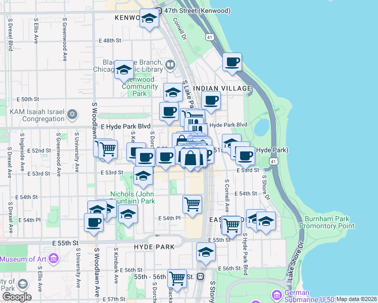 map of restaurants, bars, coffee shops, grocery stores, and more near 5223 South Lake Park Avenue in Chicago