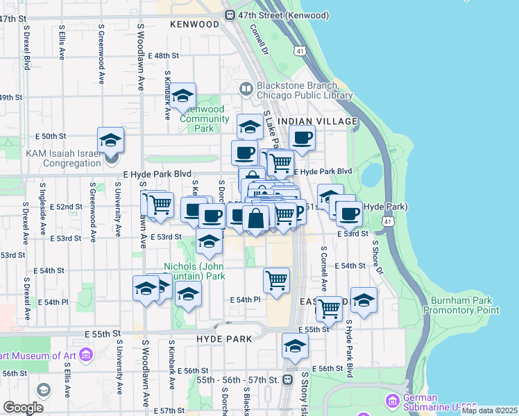 map of restaurants, bars, coffee shops, grocery stores, and more near 5210s South Harper Avenue in Chicago