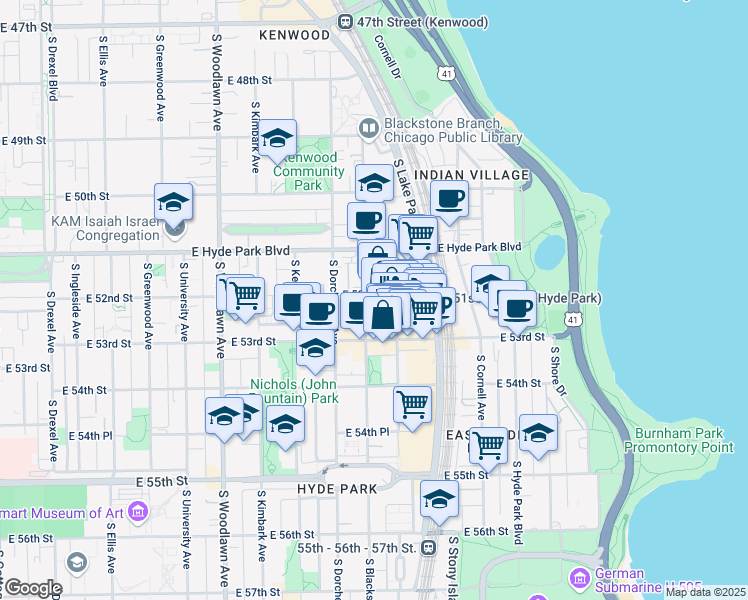 map of restaurants, bars, coffee shops, grocery stores, and more near 5210s South Harper Avenue in Chicago