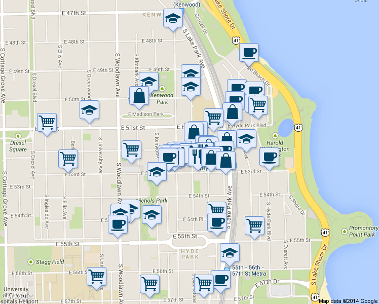 map of restaurants, bars, coffee shops, grocery stores, and more near 5210 South Blackstone Avenue in Chicago